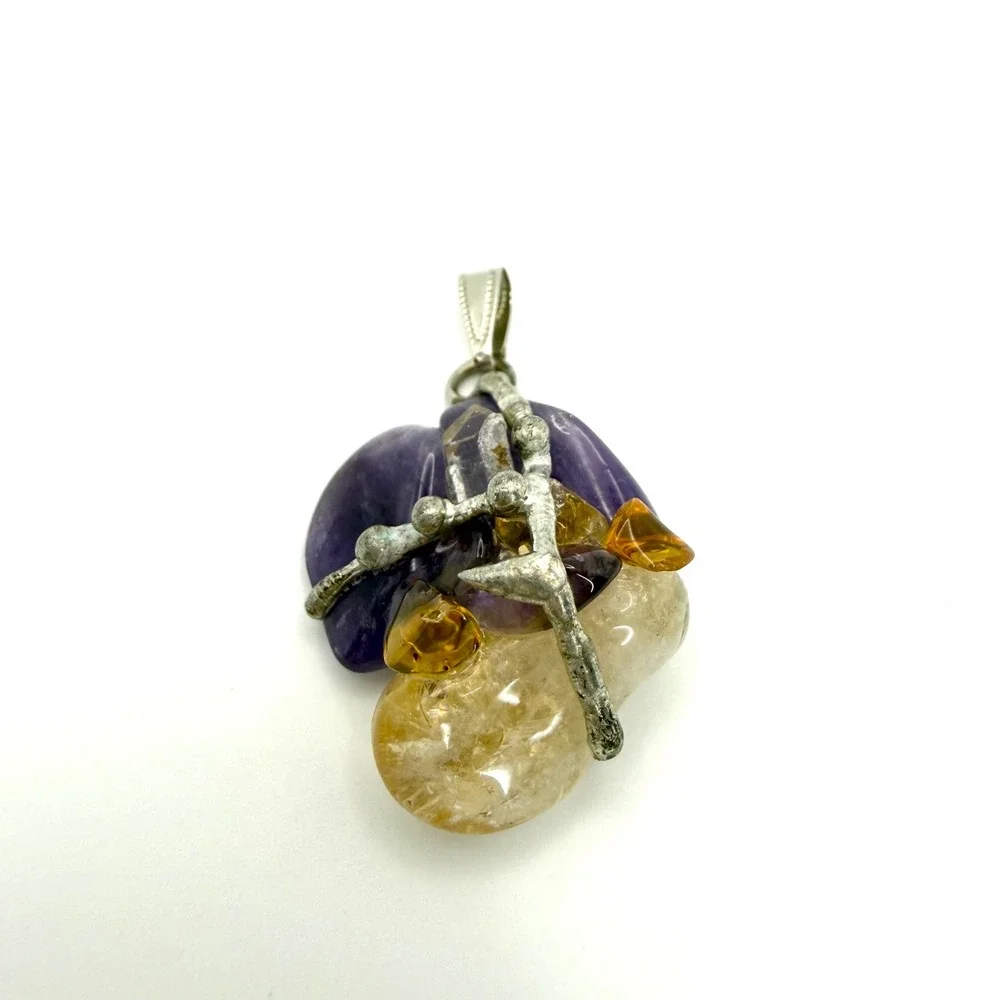 Amethyst Citrine Quartz Crystal Pendant Silver Tone Brutalist‎ Boho Artisan